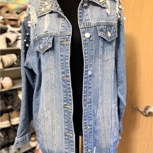 Women's Blue Jean Jacket with Pearl Accents